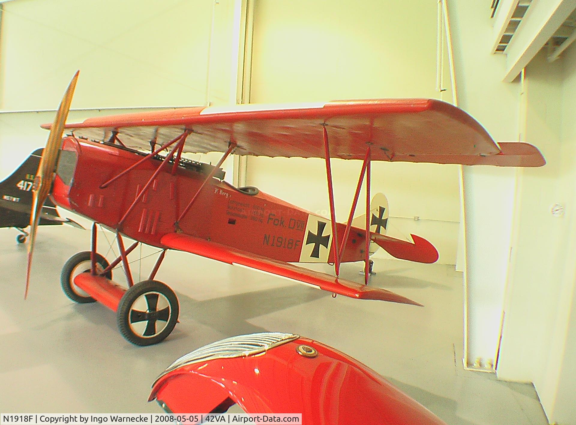 N1918F, 1967 Fokker D-VII Replica C/N 1, Fokker D VII replica at Military Aircraft Museum, Virginia Beach VA