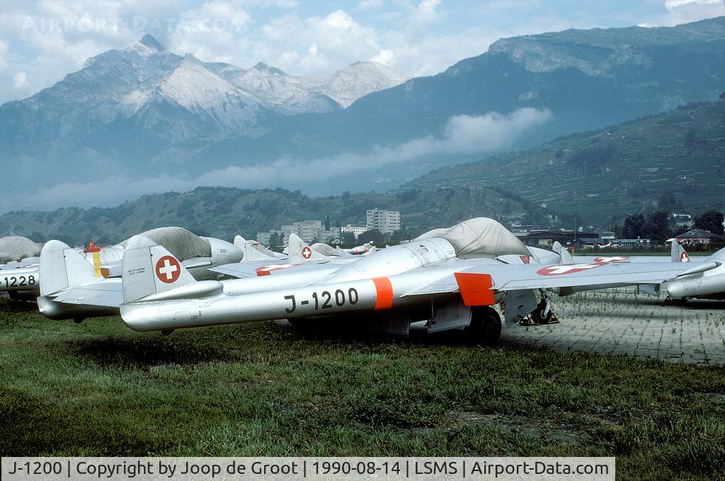 J-1200, De Havilland (FFA) Vampire FB6 (DH-100) C/N 709, After withdrawl the Vampires were stored at Sion. In this picture about 10 different airframes can be seen. J-1200 is now preserved in Luzern.
