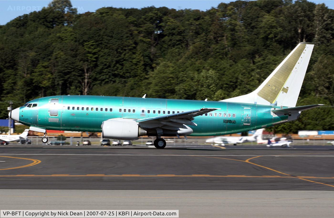 VP-BFT, 2007 Boeing 737-7JB BBJ C/N 36714/2340, KBFI (Carrying N1779B for the flight from KRNT to KBFI became VP-BFT)