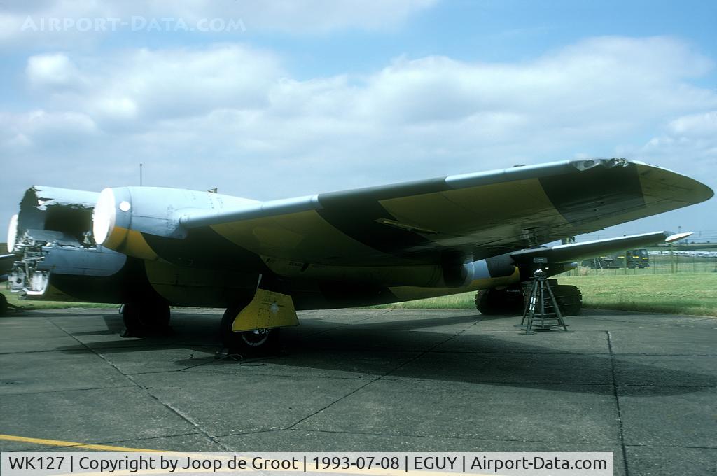 WK127, 1954 English Electric Canberra TT.18 C/N R3/EA3/6641, When 100 Sq transferred to the Hawk its Canberra's were put in storage. This one has been robbed of all usable parts and was dumped on the northern part of the airfield.