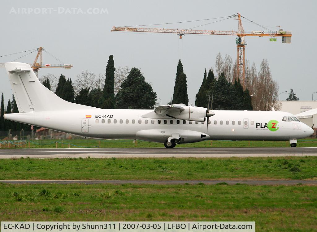 EC-KAD, 1990 ATR 72-102 C/N 171, Ready for departure rwy 32R with 'Plaza' titles