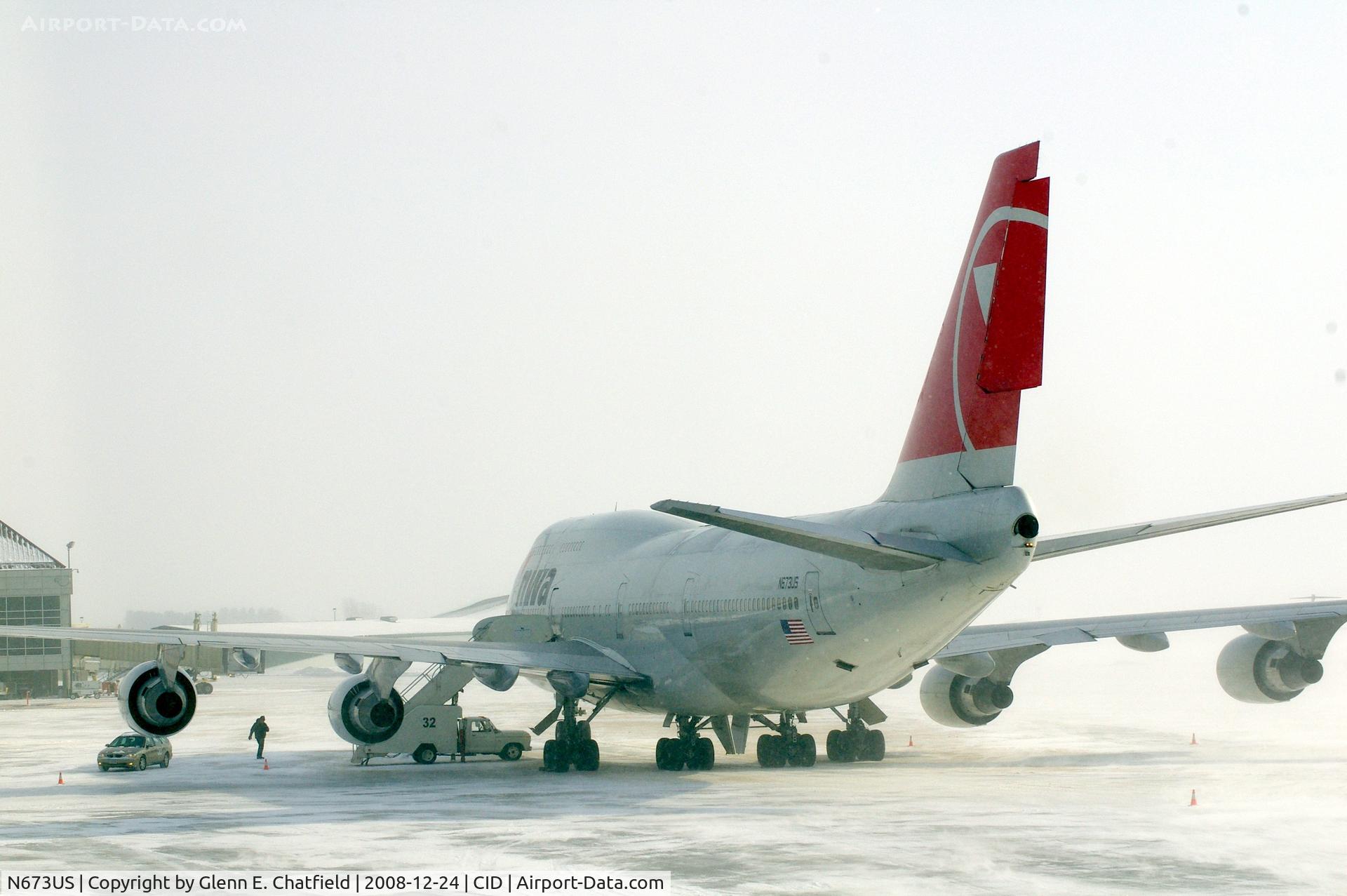 N673US, 1999 Boeing 747-451 C/N 30268, Parked the cargo ramp.  Seen from second floor window of control tower.