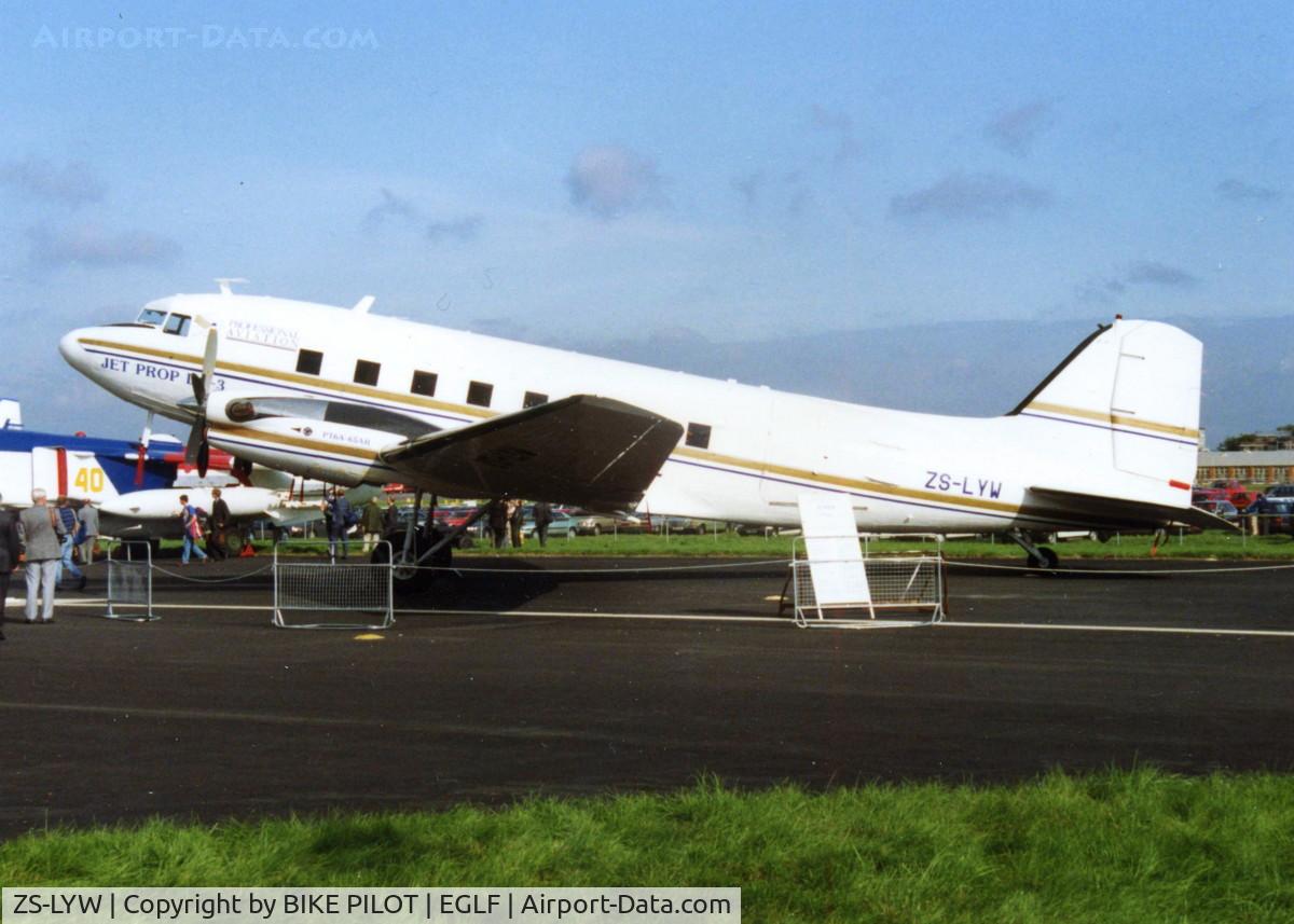 ZS-LYW, 1944 Douglas DC-3-65TP (C-47B-1-DK) C/N 14357/25802, TURBO PROP DC.3 AT FARNBOROUGH