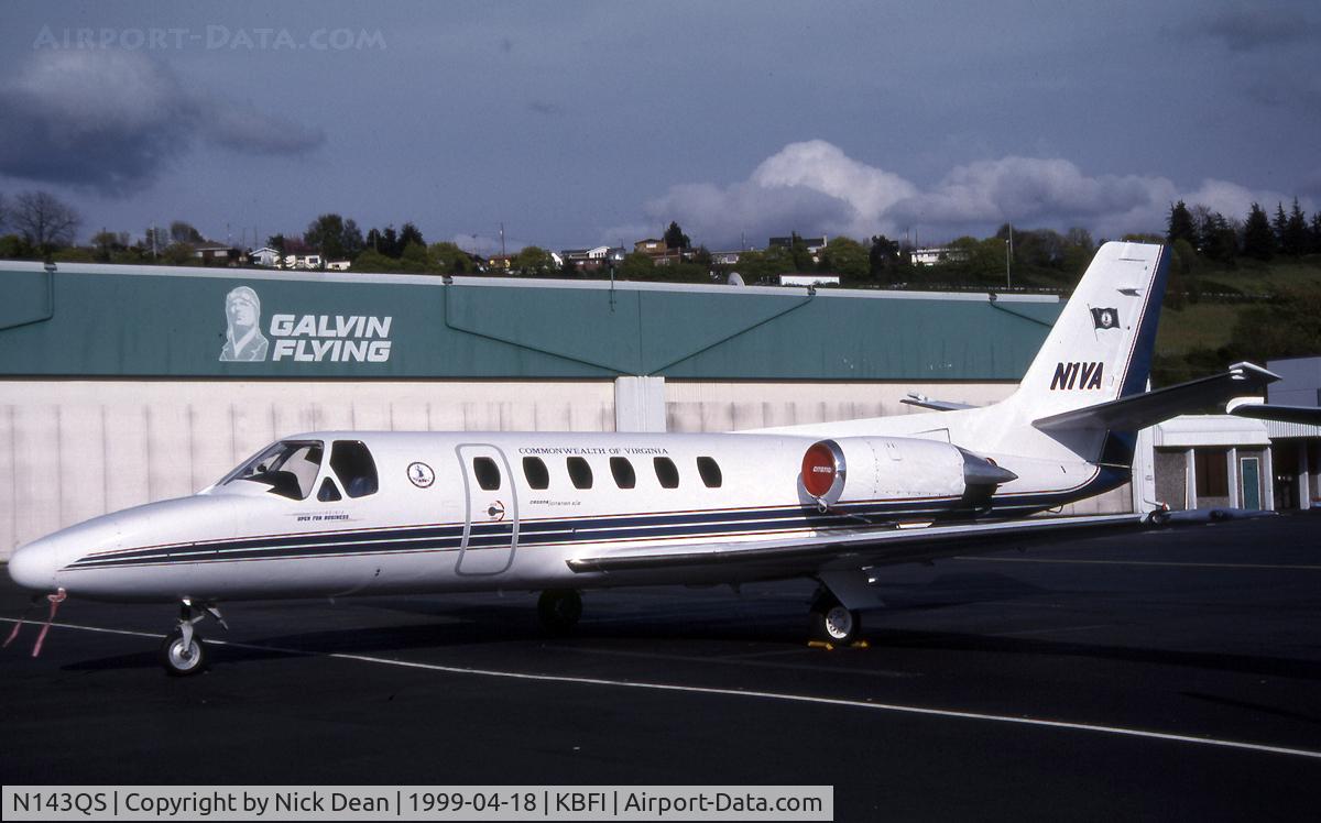 N143QS, 1987 Cessna S550 Citation IIS Citation IIS C/N S550-0143, KBFI (S550-0143 seen here registered N1VA of the Commonwealth of Virginia is currently owned by Aerocardal in Chile and posted here for C/N accuracy as N143QS of Netjets the original Cessna factory reg was N1295N)