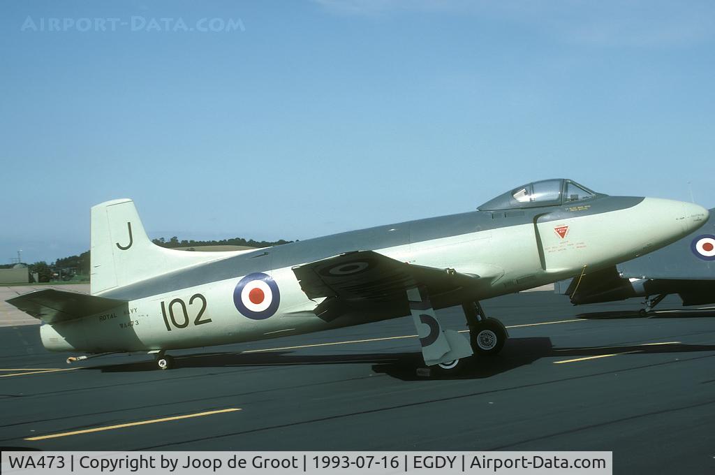 WA473, Supermarine Attacker F.1 C/N Not found WA473, The Attacker was one of the aircraft that were rolled outside for the 1993 Yeovilton air show.