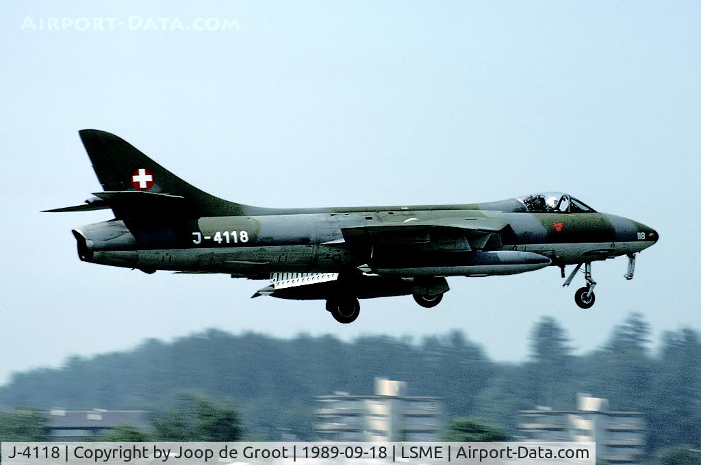 J-4118, Hawker Hunter F.58A C/N HABL-003052, During 1989 we made our first trip into Switzerland. We saw lots of aircraft that were hardly seen in Europe. The Hunters were among these.