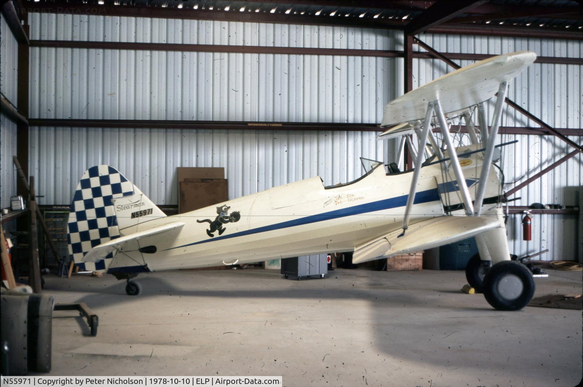 N55971, 1943 Boeing A75N1(PT17) C/N 75-4561, This Stearman was undergoing maintenance at El Paso in October 1978.