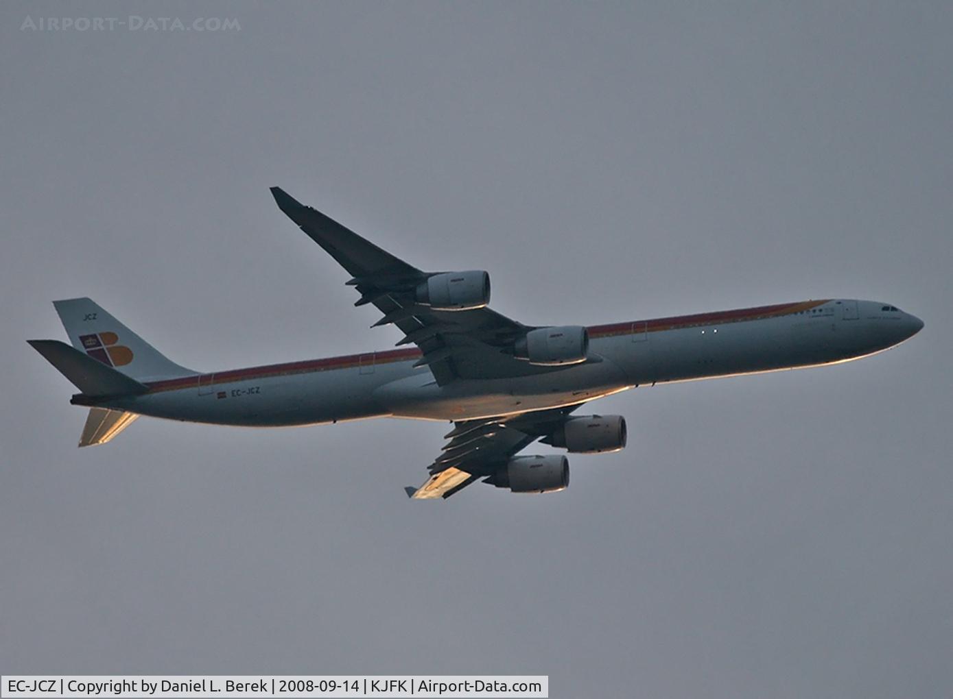EC-JCZ, 2005 Airbus A340-642 C/N 619, Cool Iberia Airbus 4-holer basks in the summer evening's glow as it approaches JFK.