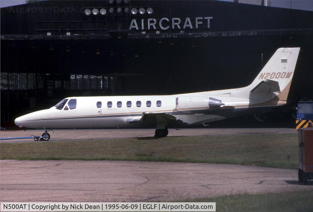 N500AT, 1991 Cessna 560 C/N 560-0146, EGLF (Seen here as N2000M and subsequently registered N500AT of Circuit City stores was W/O 16th Feb 2005 descended below the glideslope and crashed 4 miles short at Pueblo CO possibly due to icing conditions)