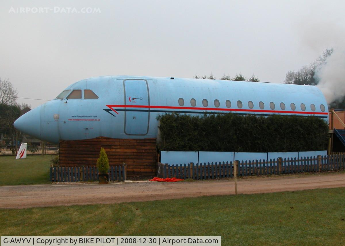 G-AWYV, 1969 BAC 111-501EX One-Eleven C/N BAC.178, SITUATED AT THE DEPARTURE LOUNGE CAFE ALTON HAMPSHIRE UK THIS A/C IS USED FOR PARTY'S. IT'S ALSO USED BY AN ORGANISATION THAT HELPS PEOPLE WITH A FEAR OF FLYING.