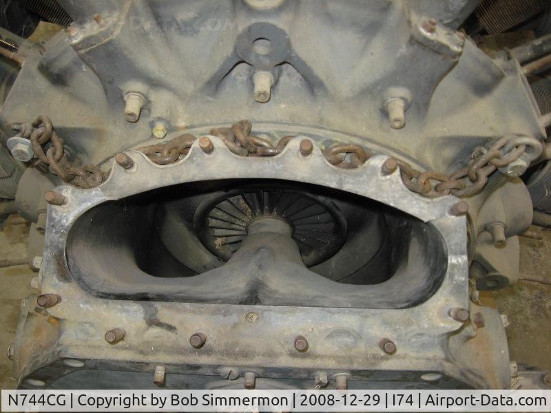 N744CG, 1944 North American B-25N Mitchell C/N 108-32141, Closeup of the engine driven turbo on a spare Wright R-2600 twin row radial for the Champaign Aviation Museum's B25 at Urbana, Ohio.