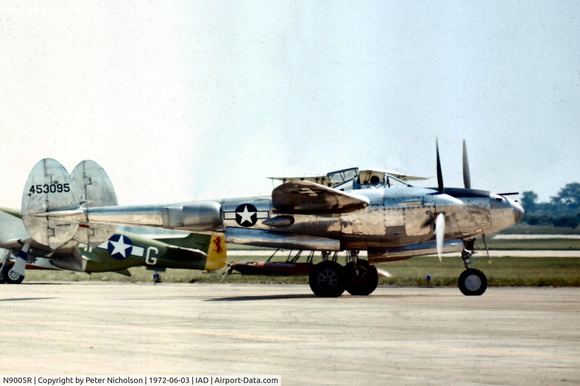 N9005R, 1944 Lockheed P-38M C/N 44-53095, Flown by the Confederate Air Force at Transpo 72 held at Dulles Airport and shows the plain side of the nose of the 