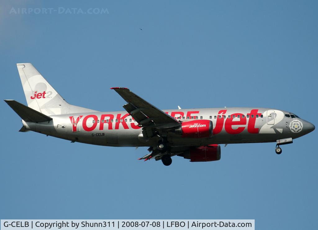 G-CELB, 1986 Boeing 737-377 C/N 23664, Landing rwy 32L with 'Yorkshire' titles...