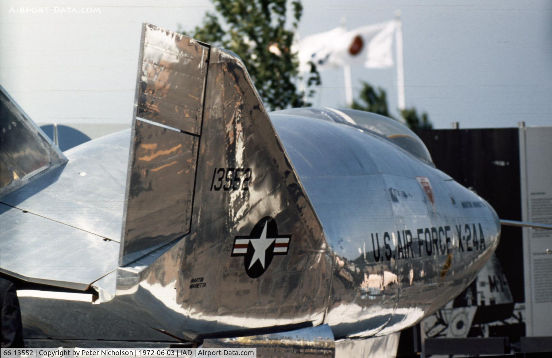 66-13551, Martin Marietta X-24A (SV-5J) C/N 2, Supersonic lifting body research vehicle given pseudo X-24 identity and serial number - actual aircraft is 66-13551. In Transpo 72 static park at Dulles Airport.
