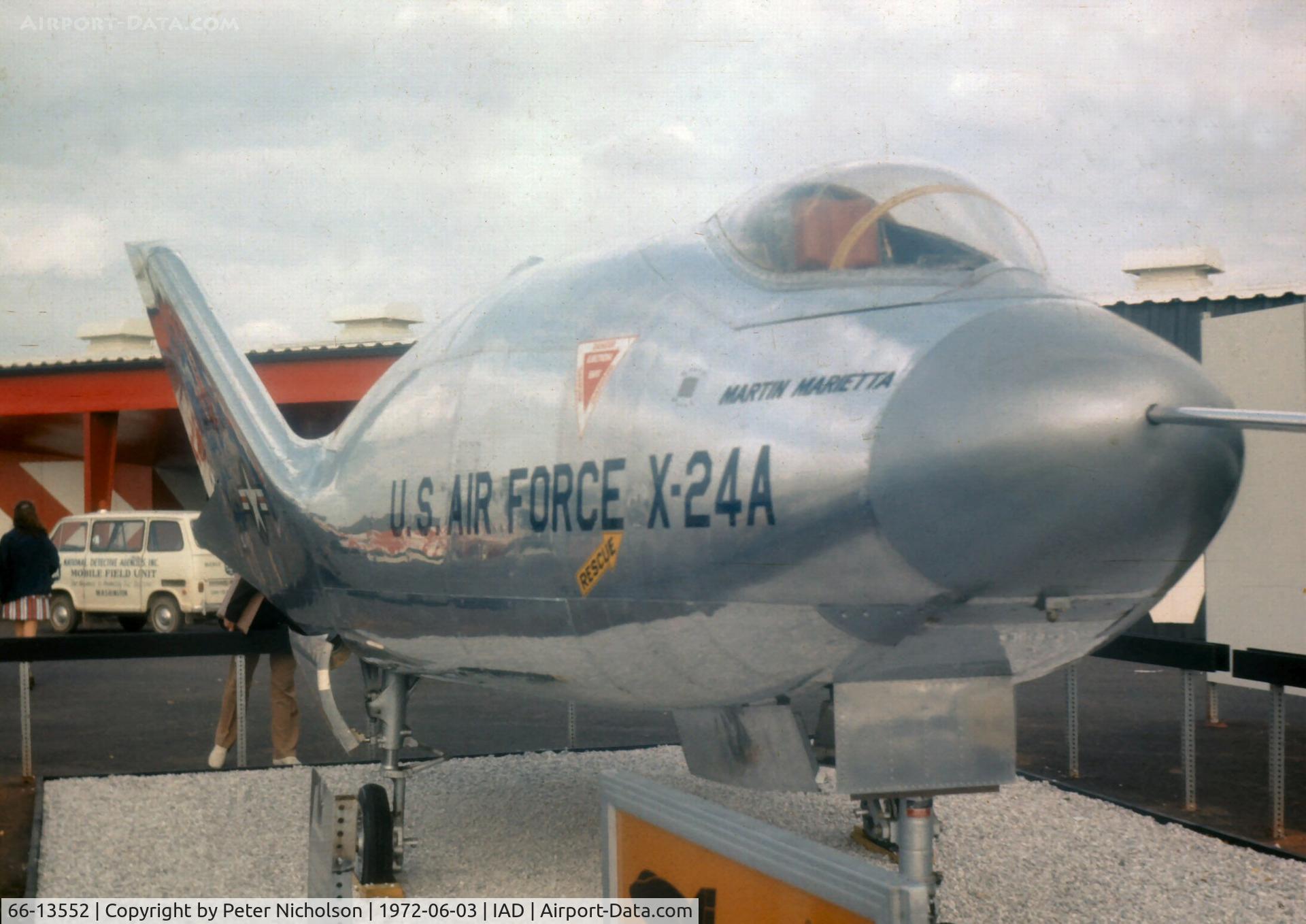66-13551, Martin Marietta X-24A (SV-5J) C/N 2, On display in the static park of Transpo 72 at Dulles Airport. Spurious serial number given to Martin SV-5J to represent the X-24A lifting body.