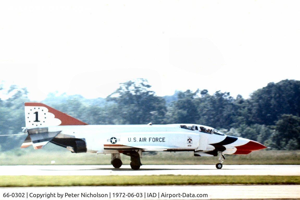 66-0302, 1966 McDonnell F-4E Phantom II C/N 2474, No. 1 of the Thunderbirds aerobatic team displayed at Transpo 72 held at Dulles Airport.  Aircraft later preserved at MacDill AFB, Florida.