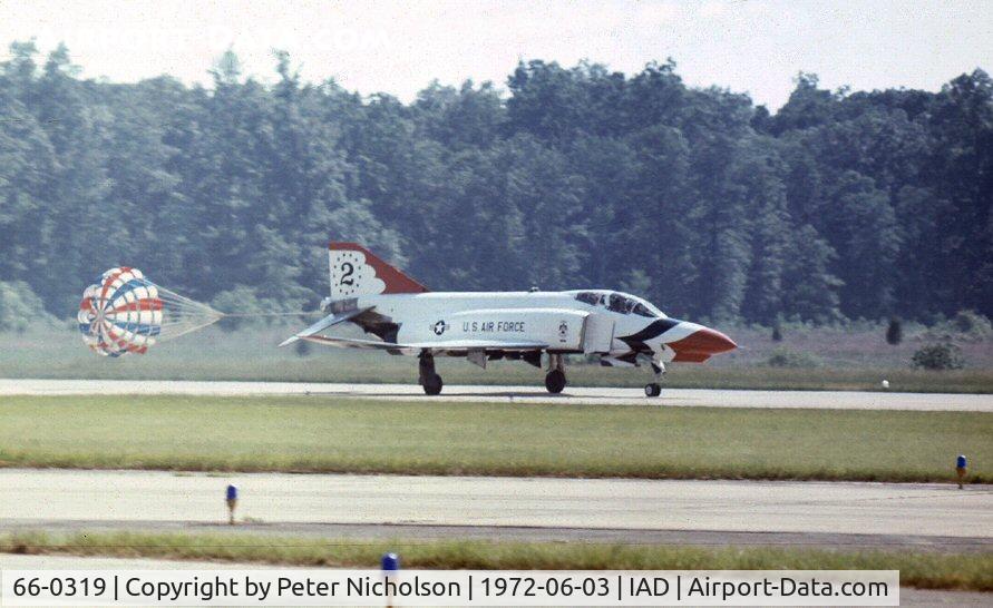 66-0319, 1966 McDonnell F-4E Phantom II C/N 2557, Thunderbird number 2 displayed at Transpo 72 held at Dulles Airport.  Aircraft later preserved at Athens, Tennessee.