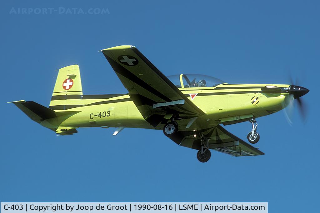 C-403, 1989 Pilatus PC-9 C/N 178, Zielfliegerkorps 5 just flew briefly with the PC-9. After a year or so Z Fl St 12 came into being. This PC09 has the ZFK 5 badge on the nose.