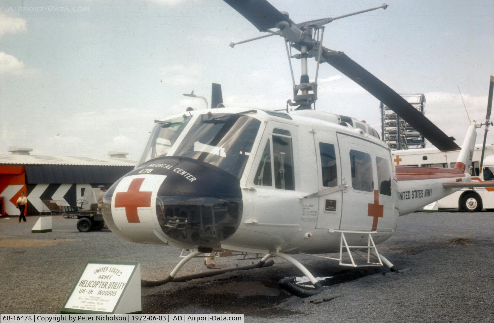68-16478, 1968 Bell UH-1H Iroquois C/N 11137, This Huey from Brooke Army Medical Center was on static display at Transpo 72 at Dulles Airport.