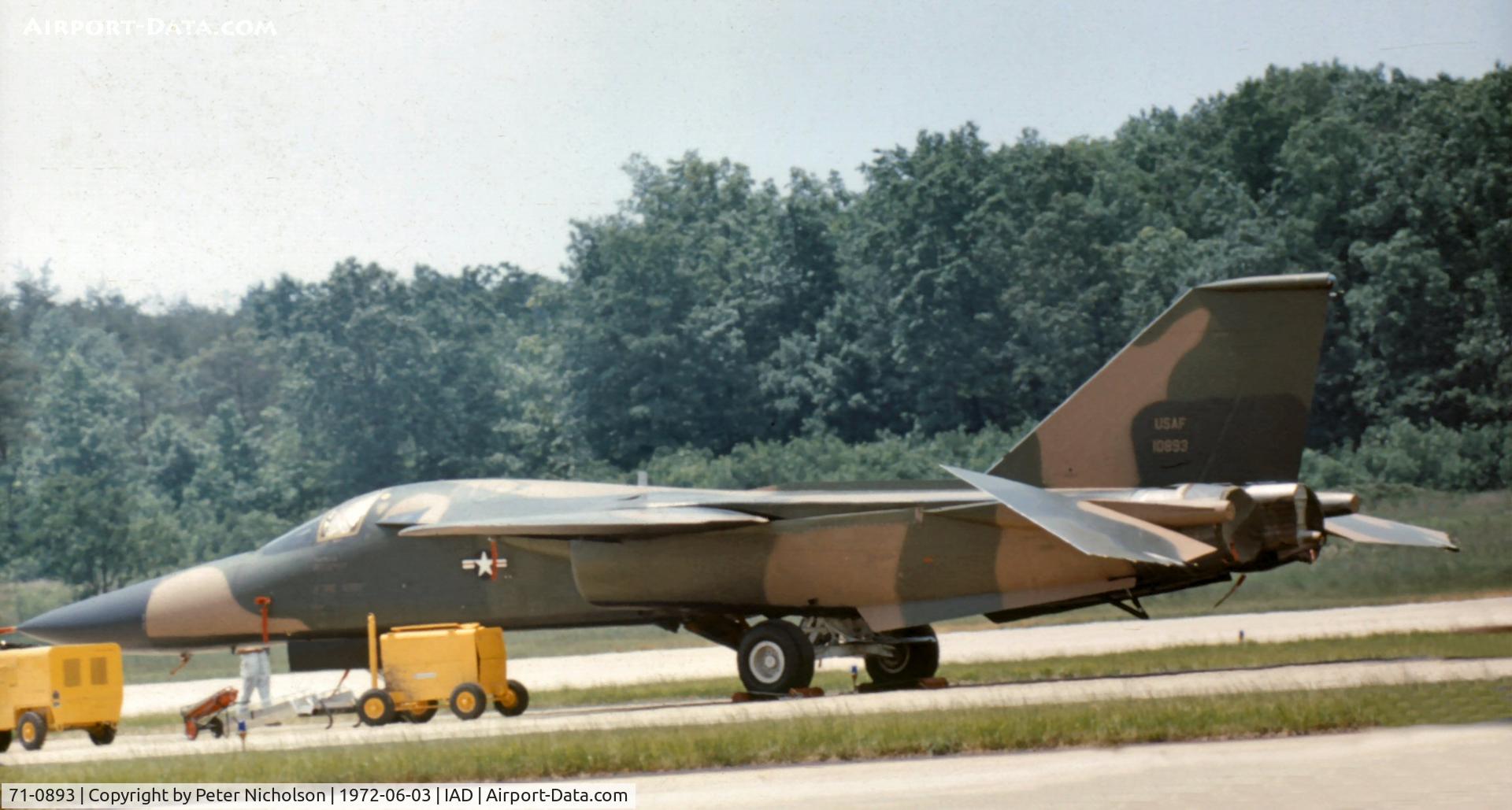 71-0893, 1971 General Dynamics F-111F Aardvark C/N E2-69, Flown at Transpo 72 at Dulles Airport was this F-111F without any unit markings - later known to have served with 48th TFW at RAF Lakenheath.