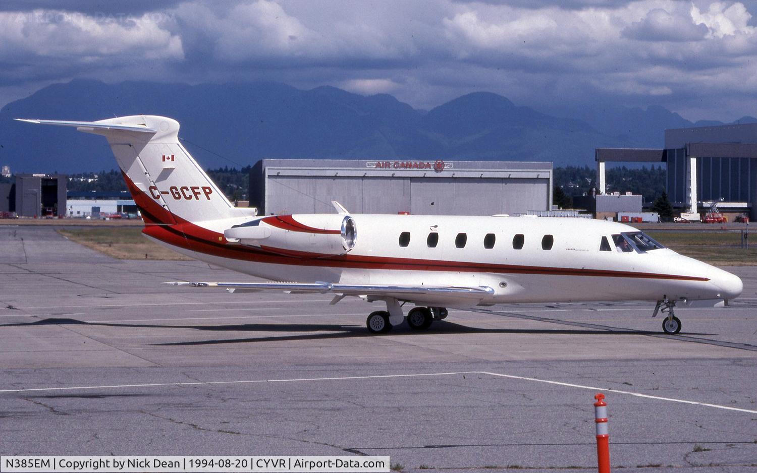 N385EM, 1987 Cessna 650 Citation C/N 650-0145, CYVR (Seen here as C-GCFP this airframe was subsequently registered N385EM as posted and was W/O when it crashed and broke up in a field at Caico Seco Venezuela en route Valencia & Puerto Ordaz 18th Feb 2008)