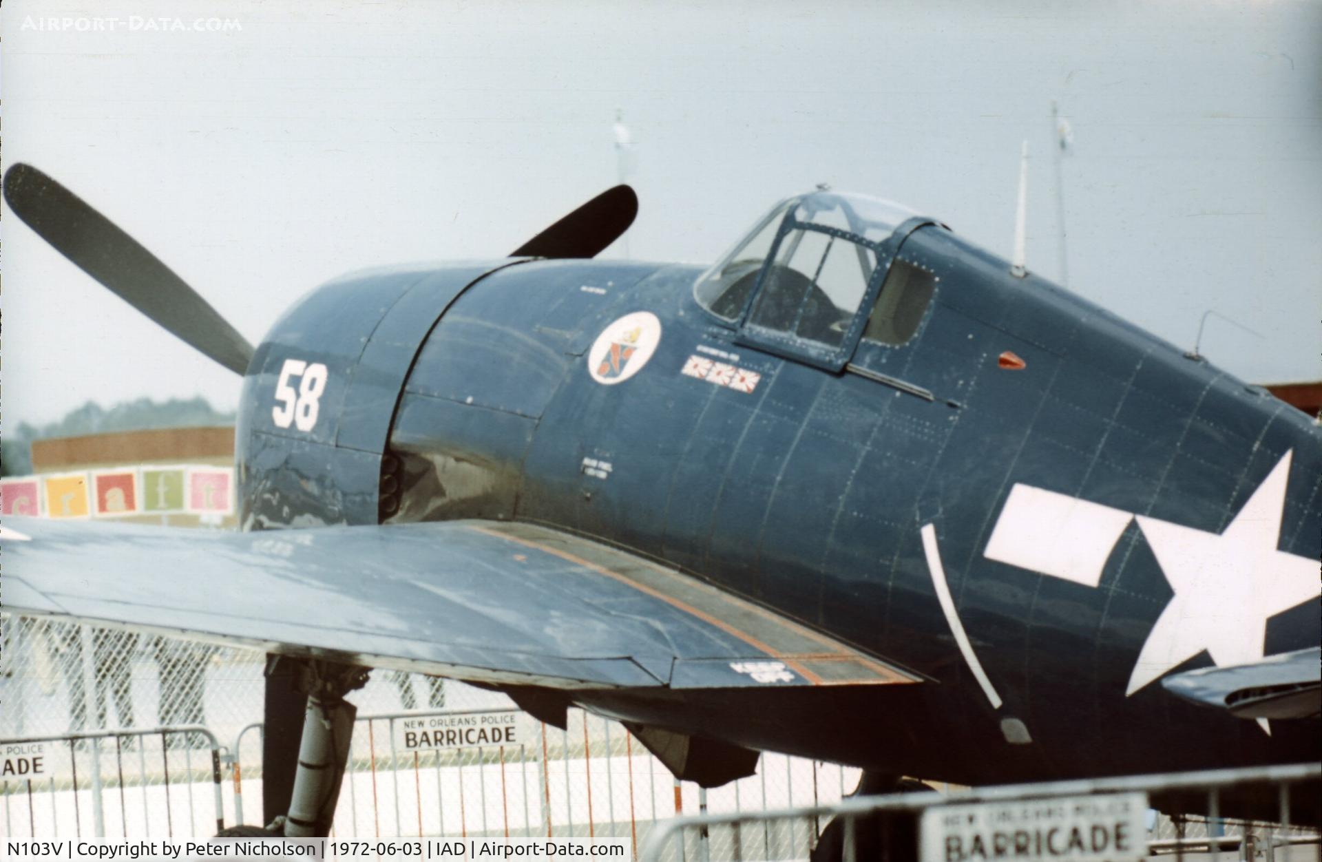 N103V, 1944 Grumman F6F-3 Hellcat C/N A-3196, An earlier regn is this F6F-3 Hellcat is N103V flown by the Confederate Air Force and displayed at Transpo 72 at Dulles Airport.
