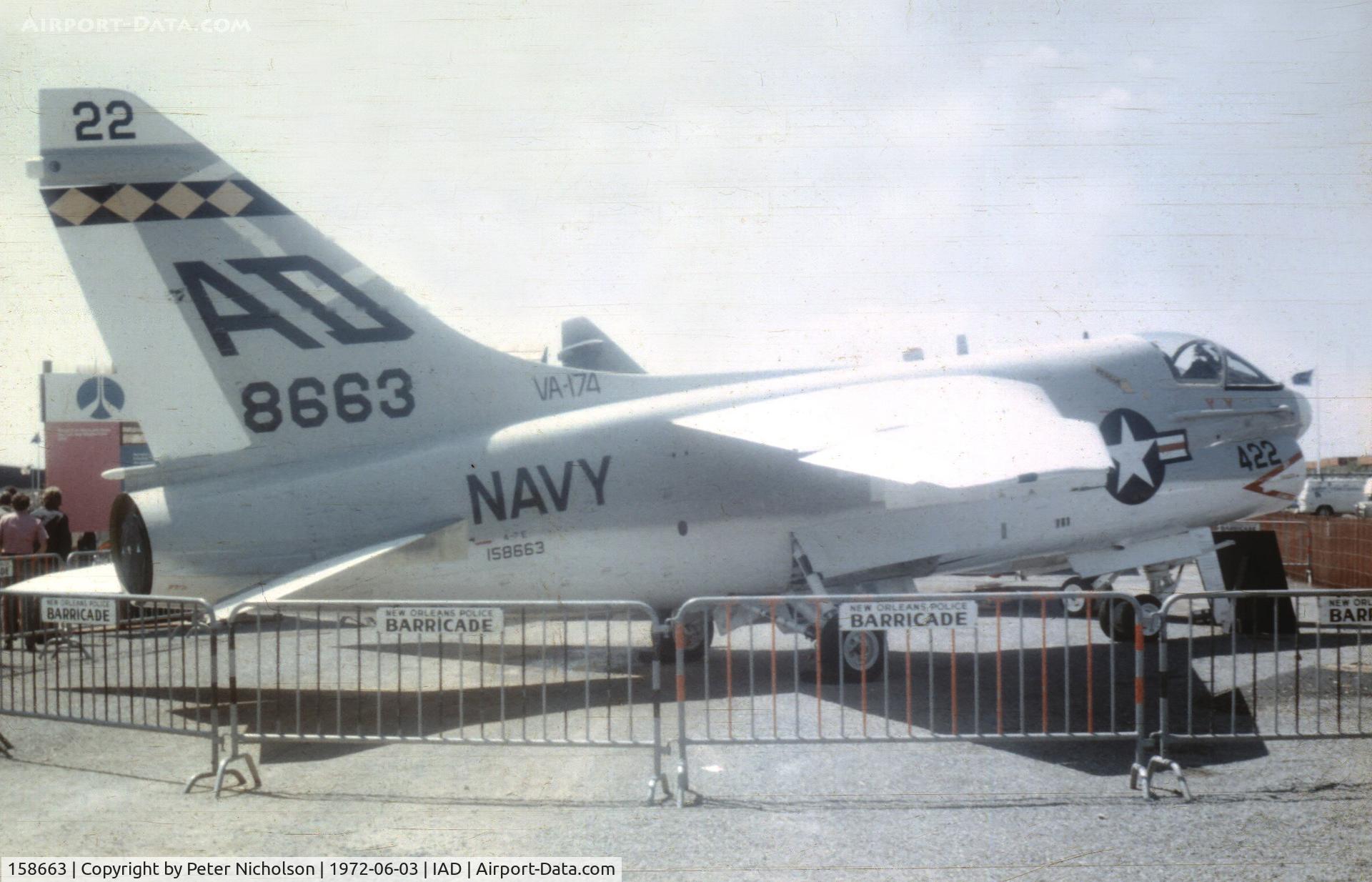 158663, LTV A-7E Corsair II C/N E-356, A-7E coded AD/422 of VA-176 displayed in the static park of Transpo 72 at Dulles Airport.