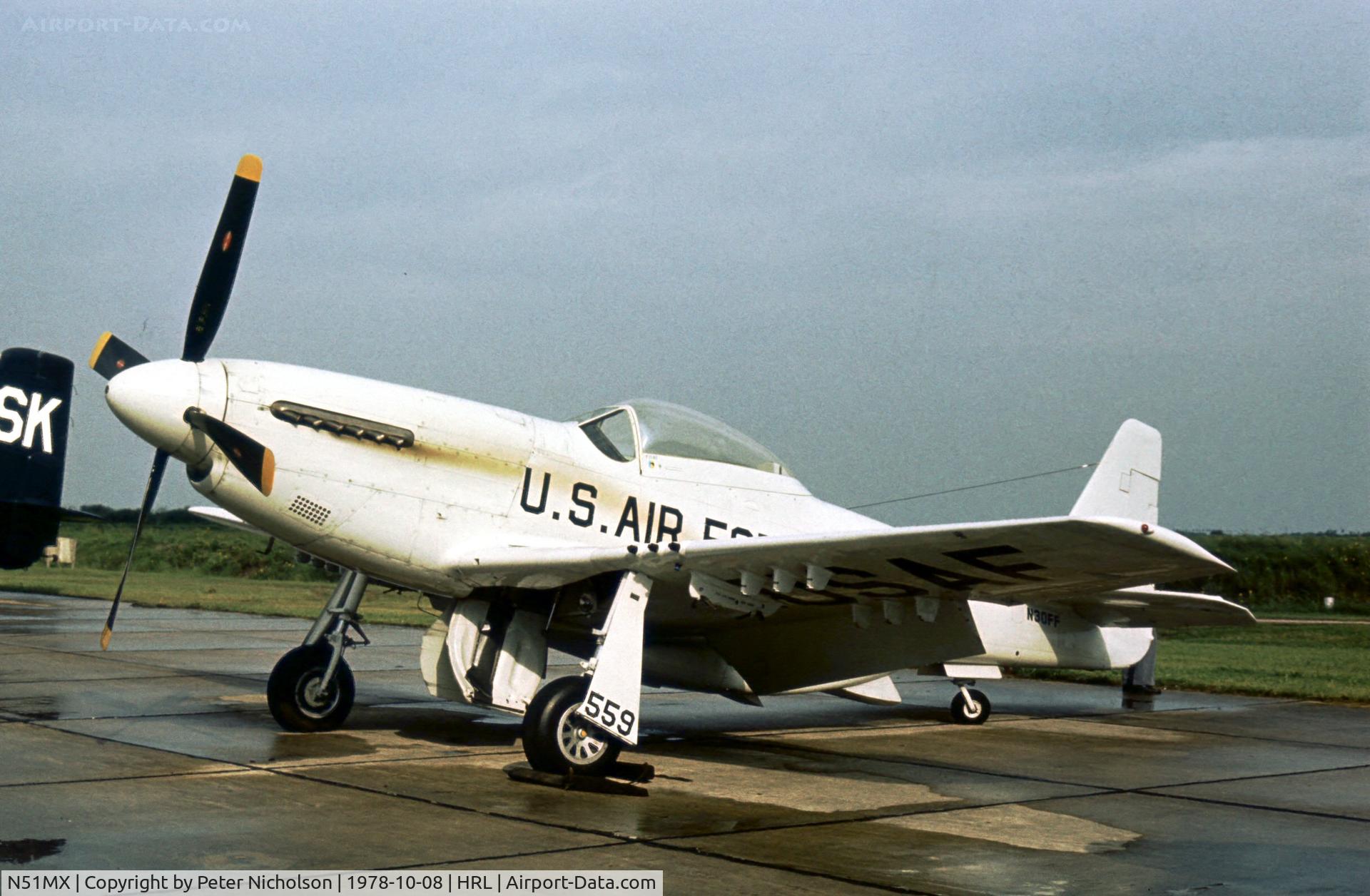N51MX, 1944 North American F-51D Mustang C/N 45-11559, Bearing the old regn N30FF when seen at Confederate Air Force Airshow 1978 at Harlingen.