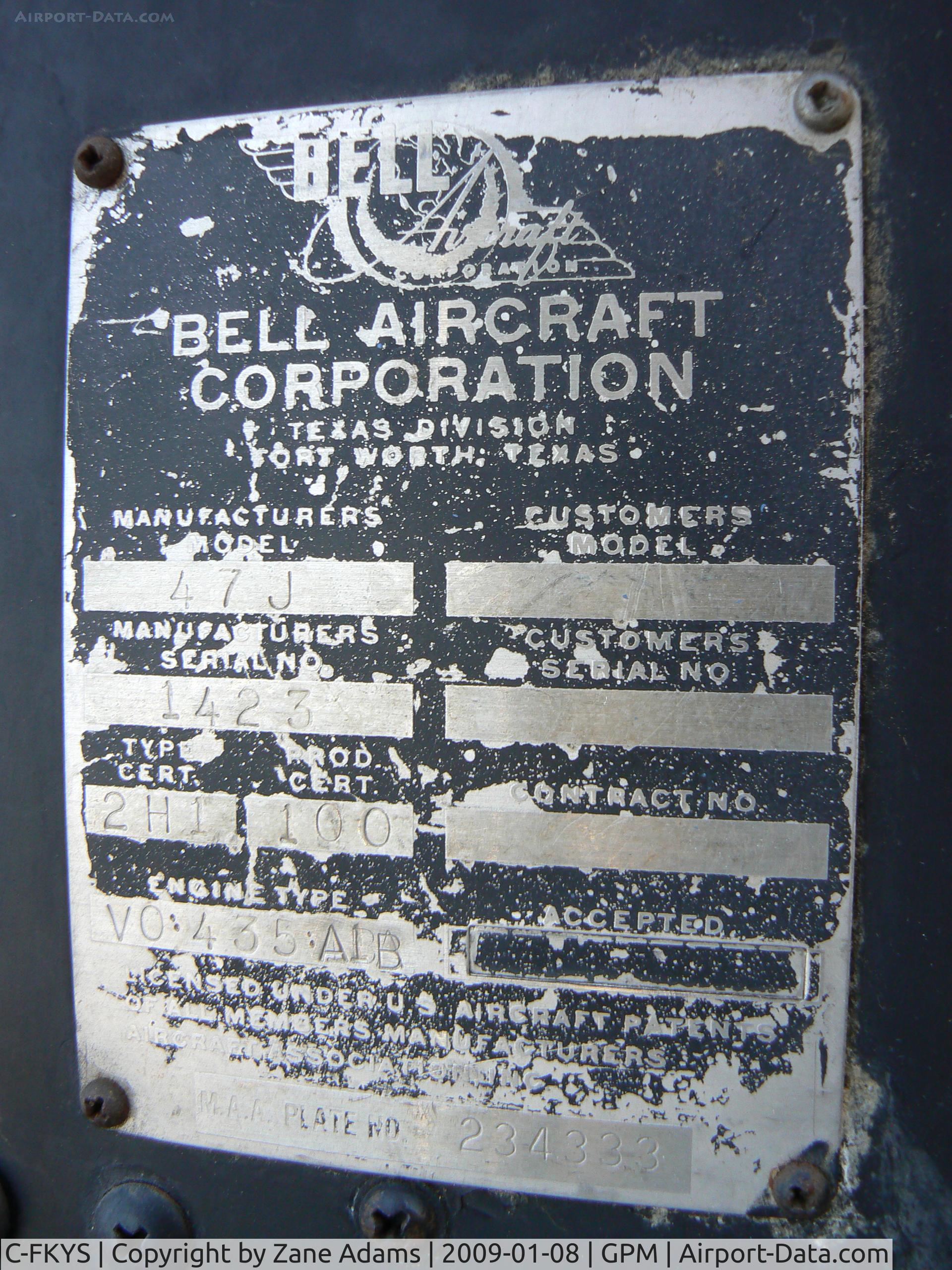 C-FKYS, Bell 47J-2 Ranger Ranger C/N 1423, At Grand Prairie Municipal - No registration noted - Data plate.