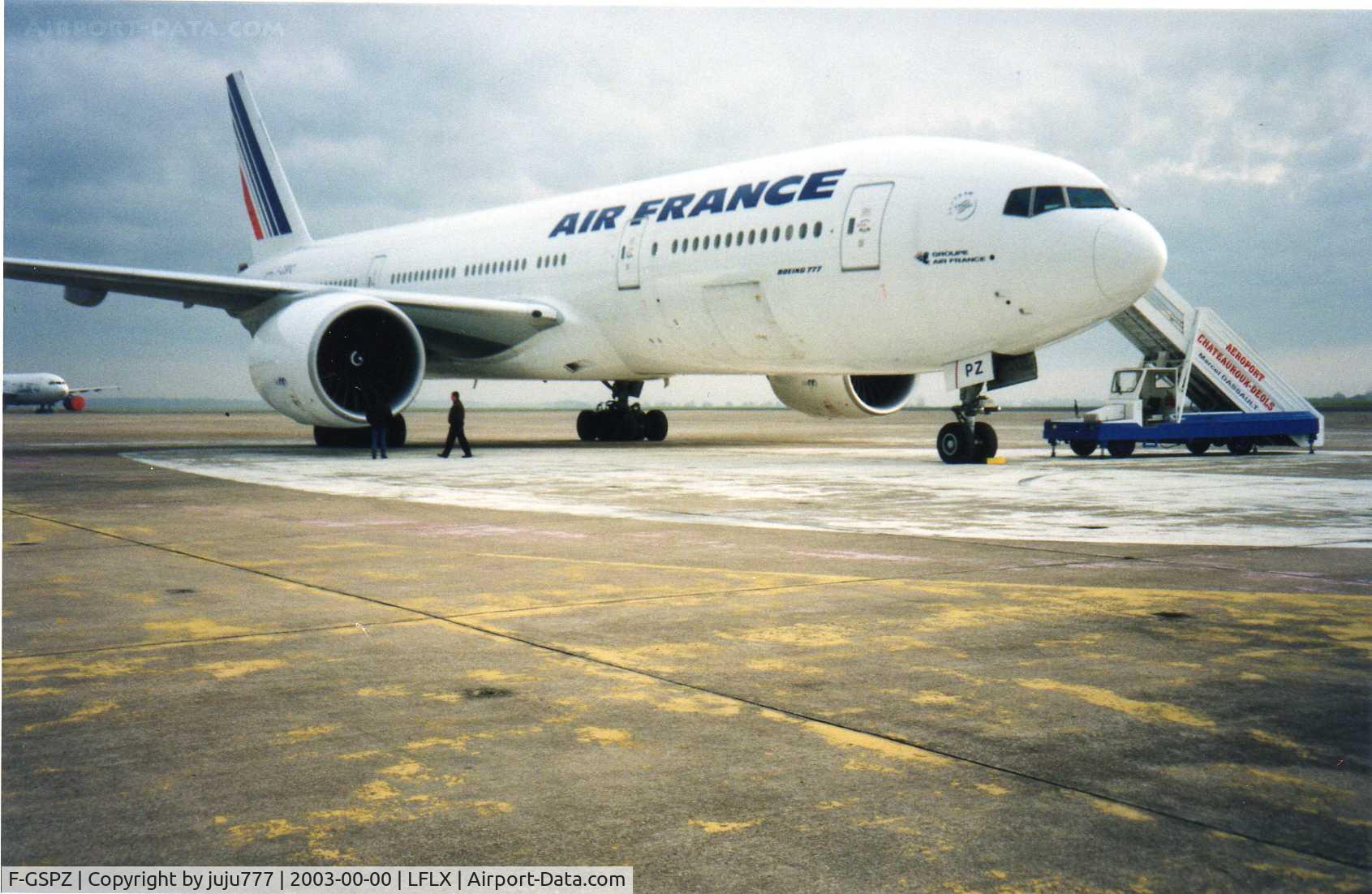 F-GSPZ, 2002 Boeing 777-228/ER C/N 32310, during training at Chateauroux