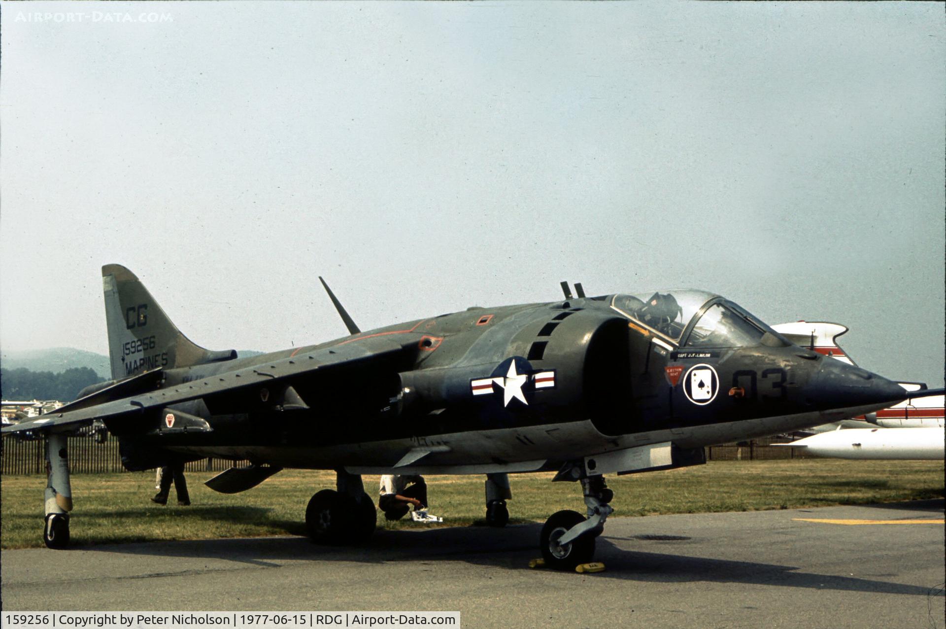 159256, Hawker Siddeley AV-8A Harrier C/N 712165, Coded CG-03 this Harrier of VMA-231 was displayed at the 1977 Reading Airshow in Pennsylvania.