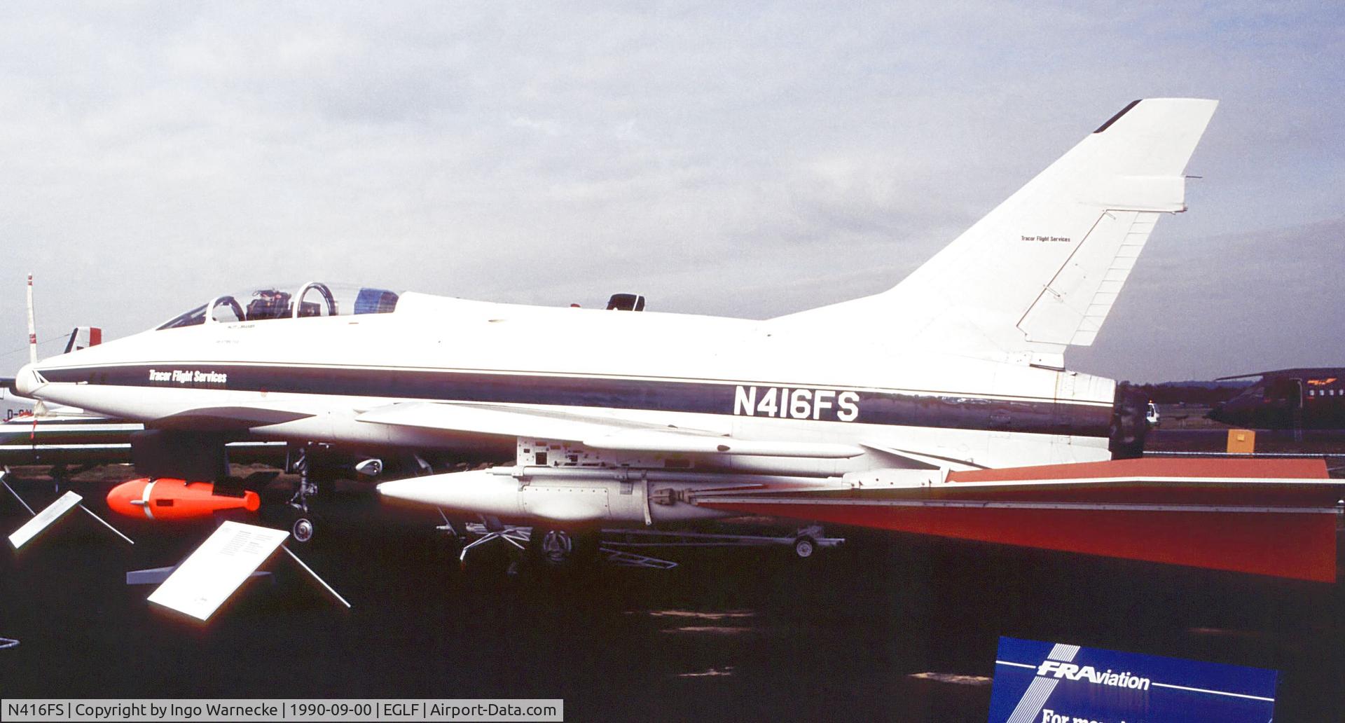 N416FS, 1955 North American F-100F Super Sabre C/N 56-3916, North American F-100F Super Sabre of Tracor Flight Services for high speed target towing at Farnborough International 1990