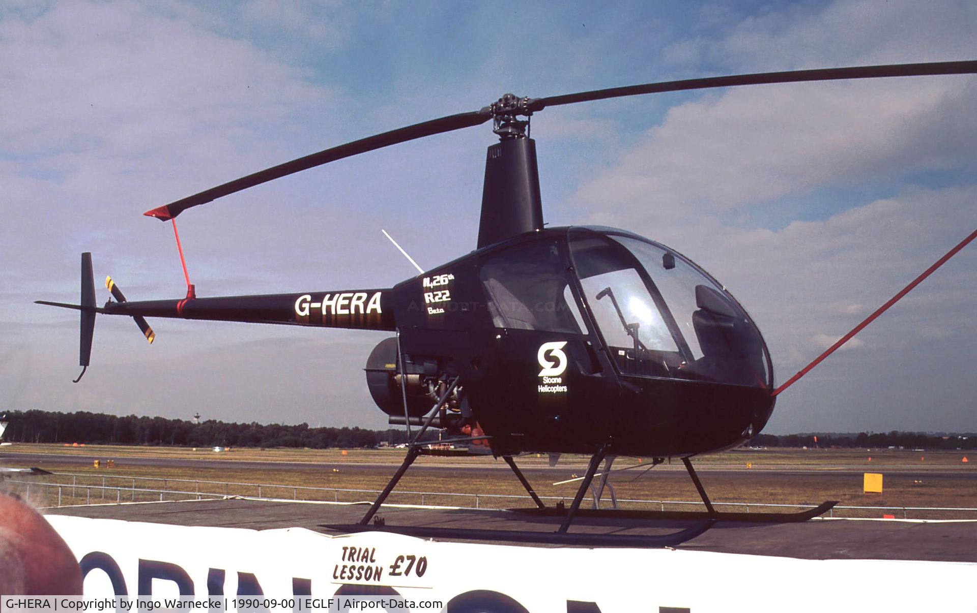 G-HERA, 1990 Robinson R22 Beta C/N 1426, Robinson R22 Beta of Sloane Helicopters at Farnborough International 1990