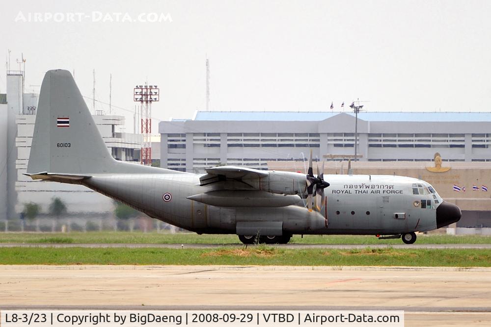 L8-3/23, Lockheed C-130H Hercules C/N 382-4863, Accelerating for take off, propeller blade vortice is clearly visible.