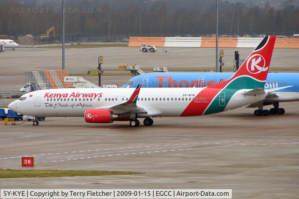 5Y-KYE, 2008 Boeing 737-8Q8 C/N 35286, Kenya Airways B737-800 series passes through Manchester (UK) on delivery from Boeing Field, Seattle