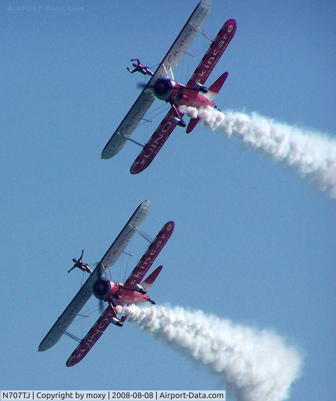 N707TJ, 1943 Boeing A75N1(PT17) C/N 75-950, TEAM GUINOT Wing walking act at Bournemouth Air Festival. with N74189