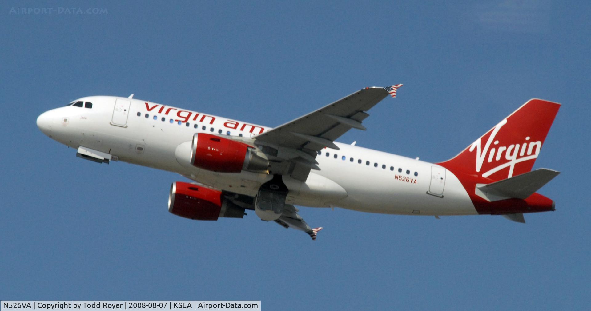 N526VA, 2008 Airbus A319-112 C/N 3347, Departing SEA on 16L