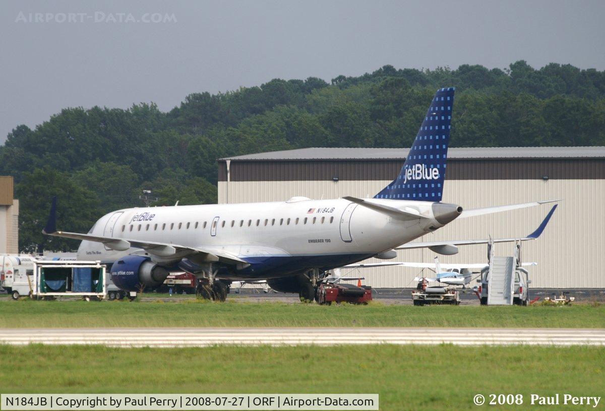 N184JB, 2005 Embraer 190AR (ERJ-190-100IGW) C/N 19000008, Bad weather at other airports got Norfolk a bit crowded.  Had to put her over on the UPS ramp