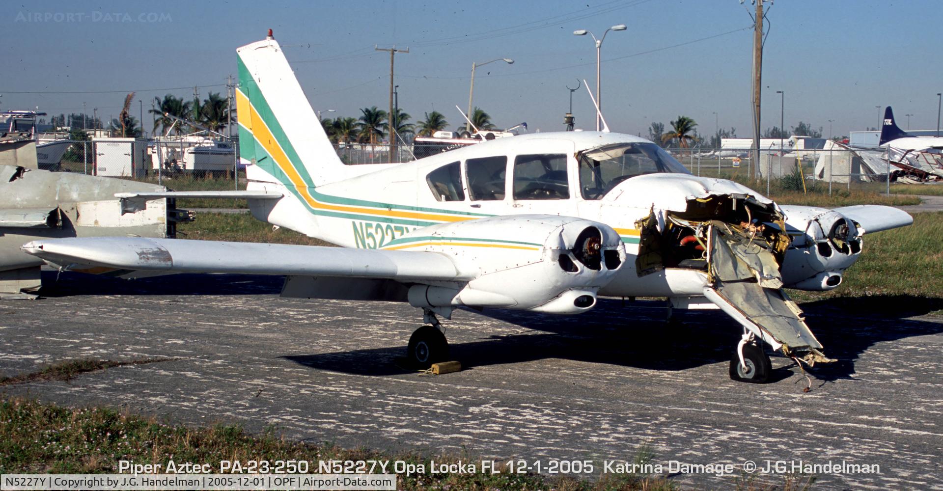 N5227Y, 1963 Piper PA-23-250 C/N 27-2276, Damage by Hurricane Katrina at Opa Locka