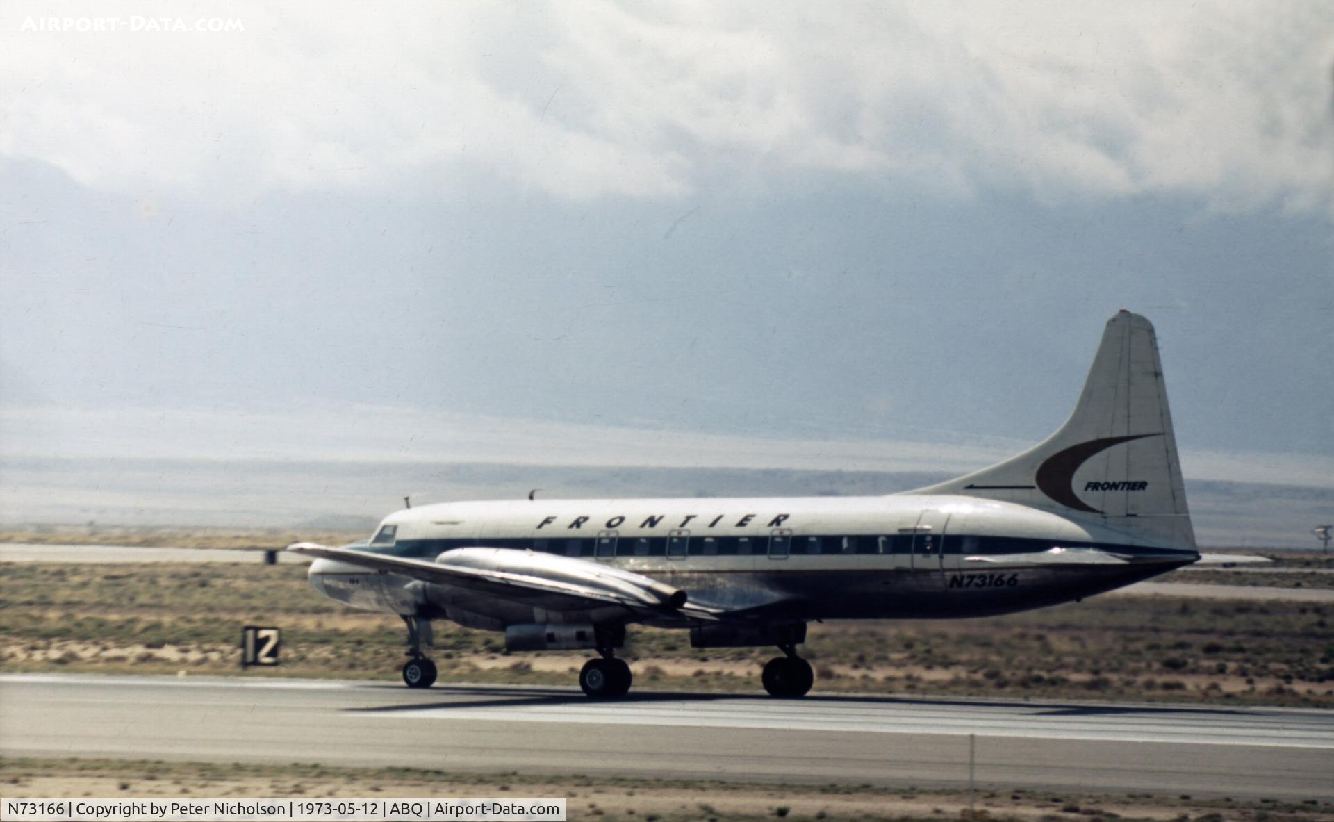 N73166, 1955 Convair CV-440-12 (CV-580) C/N 374, Correctly, this is a Convair 580 which in 1973 was in service with Frontier Airlines as seen at Albuquerque.