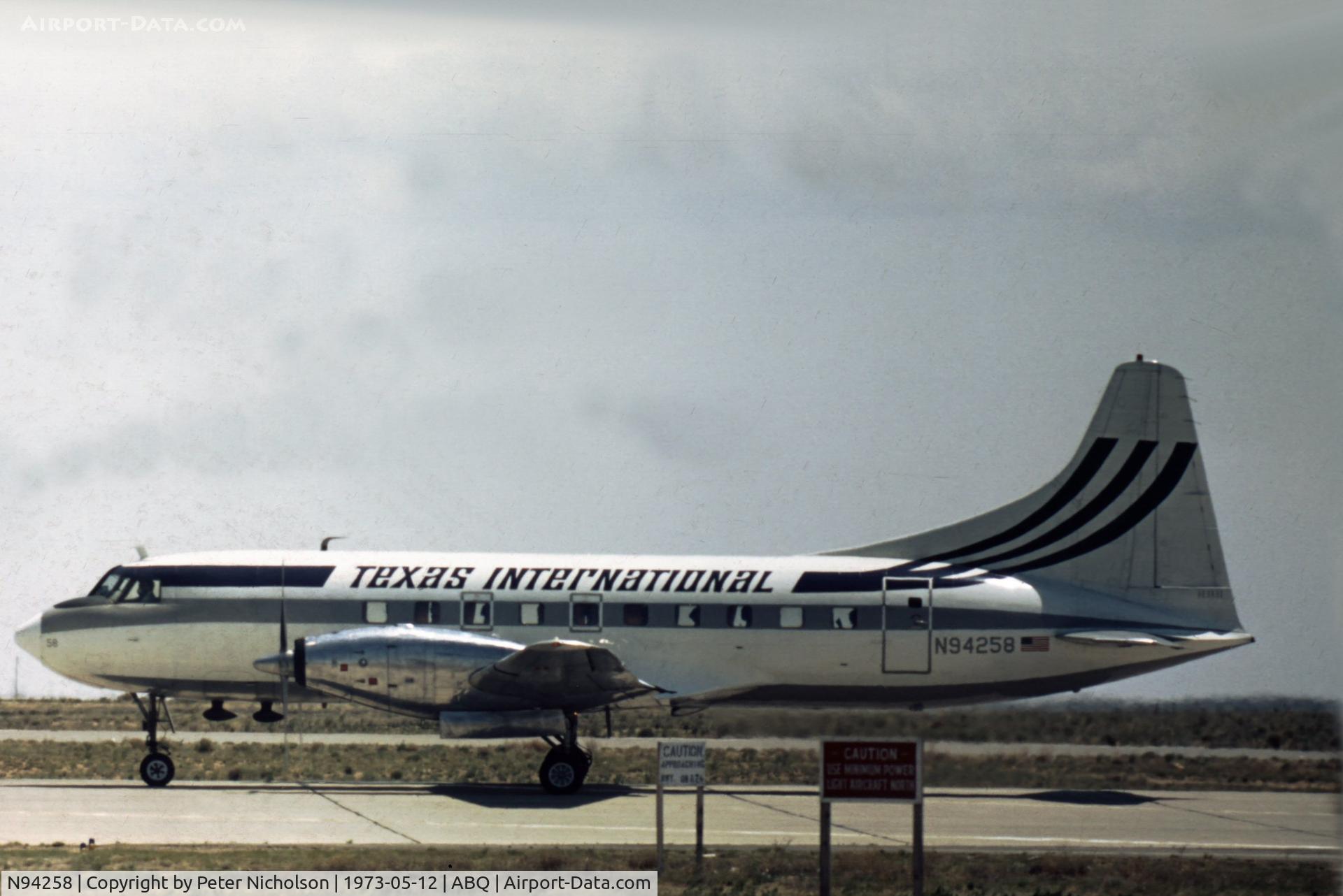 N94258, 1948 Convair 600-240D C/N 119, Texas International Airlines Convair 600 preparing to depart Albuquerque in 1973.