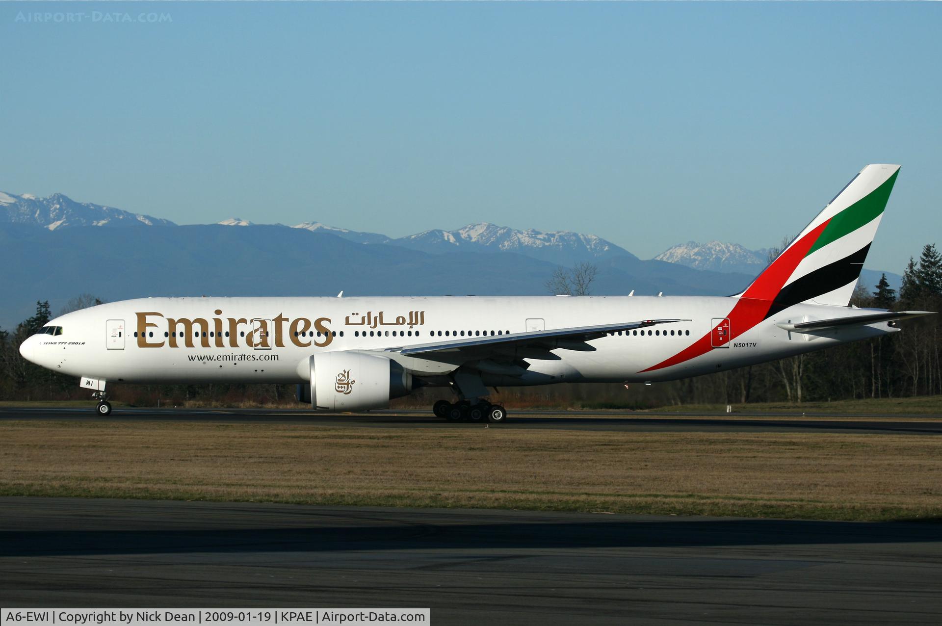 A6-EWI, 2008 Boeing 777-21H/LR C/N 35589, KPAE (Boeing 54 departing on a test flight carrying N5017V prior to being unveiled as A6-EWI visible on the nose wheel door)
