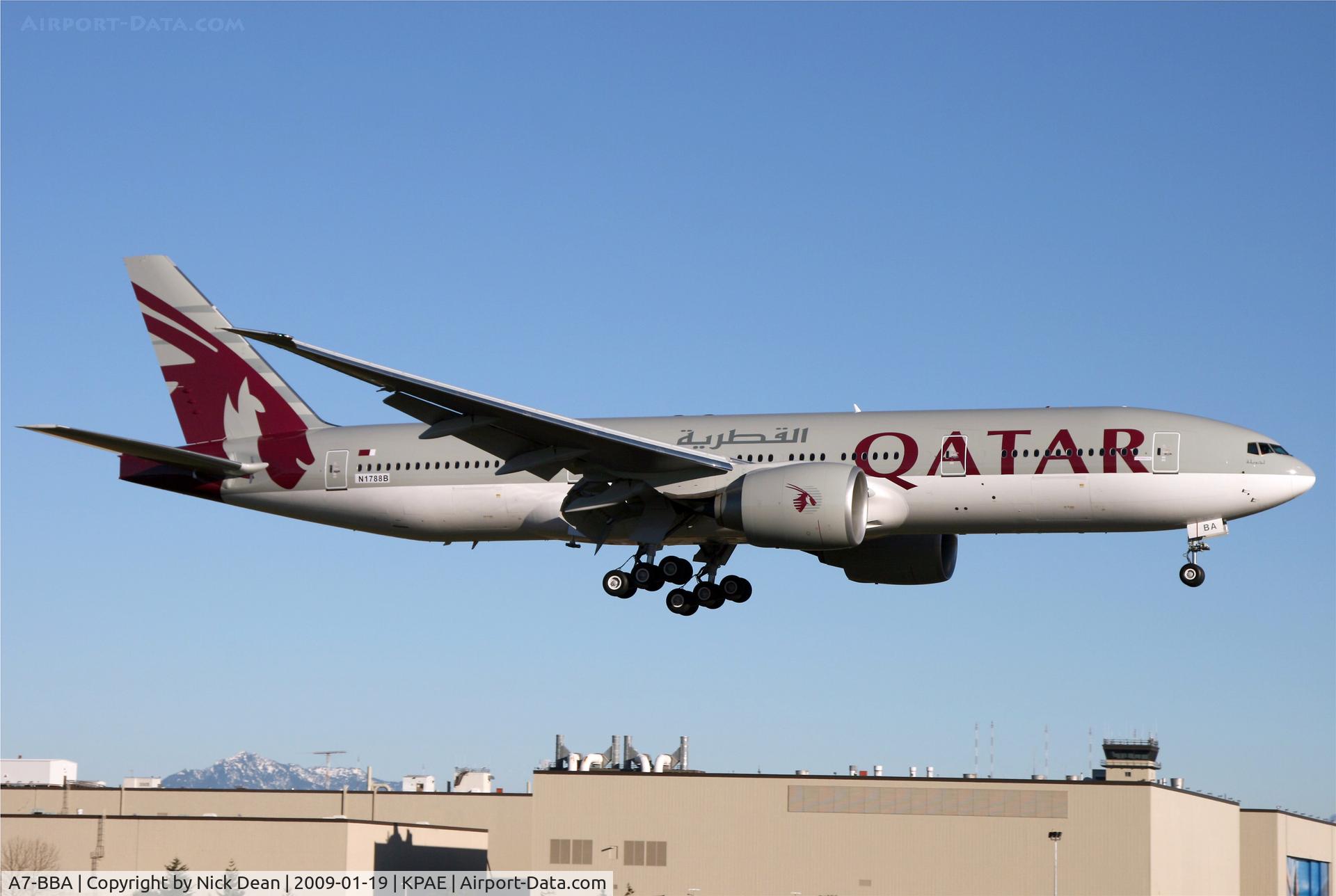 A7-BBA, 2009 Boeing 777-2DZ/LR C/N 36012, KPAE (Boeing 81 returning from its first flight out to Tatoush on the Olympic Peninsula then over to Moses Lake for a landing and back to Paine this is the 1st 777-200LR for Qatar and seen here carrying test reg N1788B)
