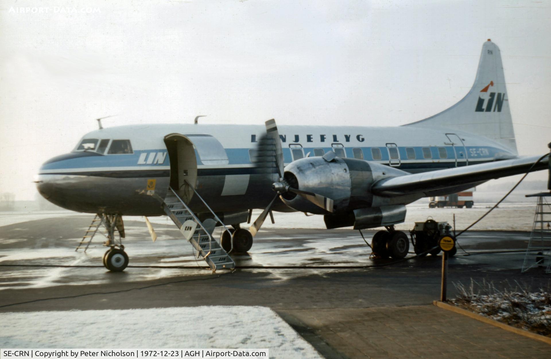 SE-CRN, 1954 Convair 440 Metropolitan C/N 156, Convair 440 Metropolitan of Linjeflyg at Angelholm in December 1972.