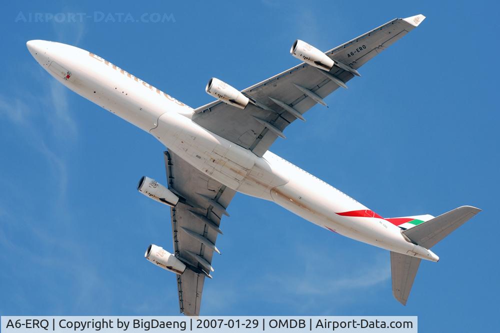 A6-ERQ, 1997 Airbus A340-313X C/N 190, Above Dubai deep blue sky.