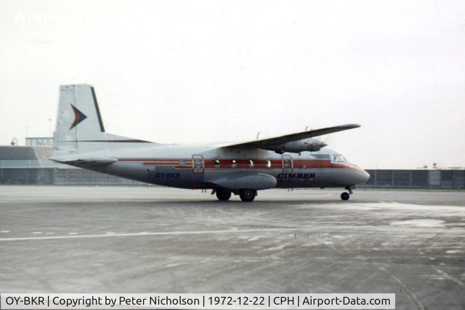 OY-BKR, 1968 Nord 262A-27 C/N 47, Operated by Danish domestic carrier Cimber Air in 1972 as seen at Kastrup. Later w/o near Reading, Pennsylvania in 1977.