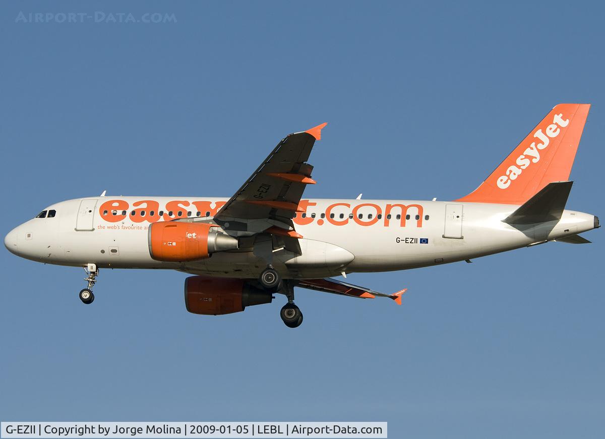 G-EZII, 2005 Airbus A319-111 C/N 2471, Clear to land RWY 25R.