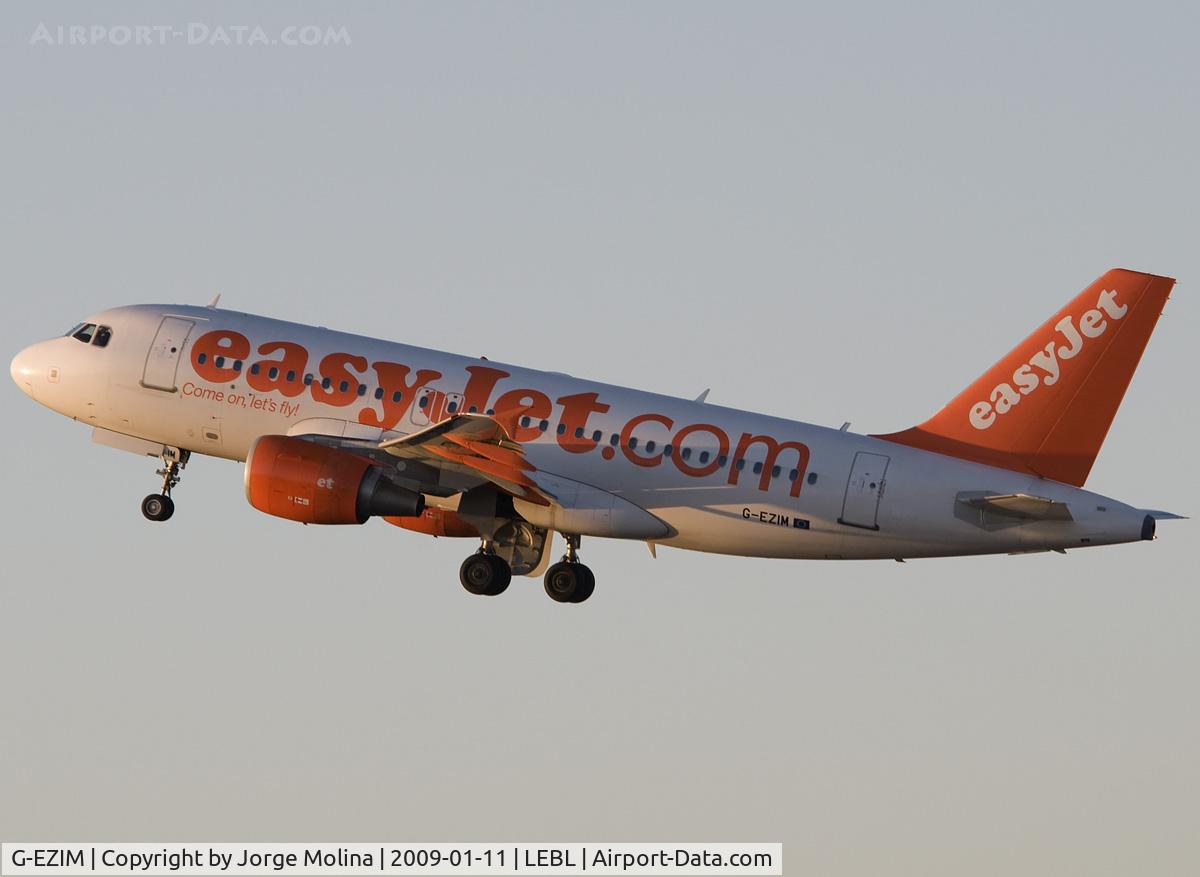 G-EZIM, 2005 Airbus A319-111 C/N 2495, Taking off RWY 25L at dusk.