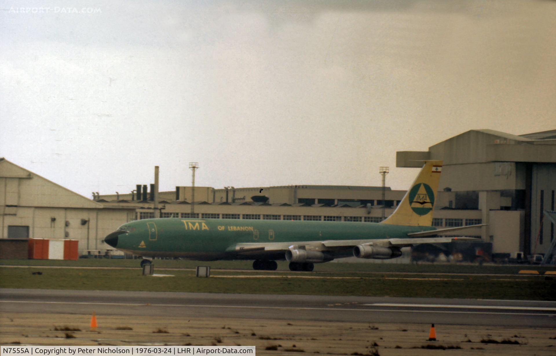 N7555A, 1963 Boeing 707-323C C/N 18689, In 1976 this Boeing then of American Airlines was N7555A and leased to Trans Mediterranean Airlines from February to August 1976 as seen here at Heathrow.