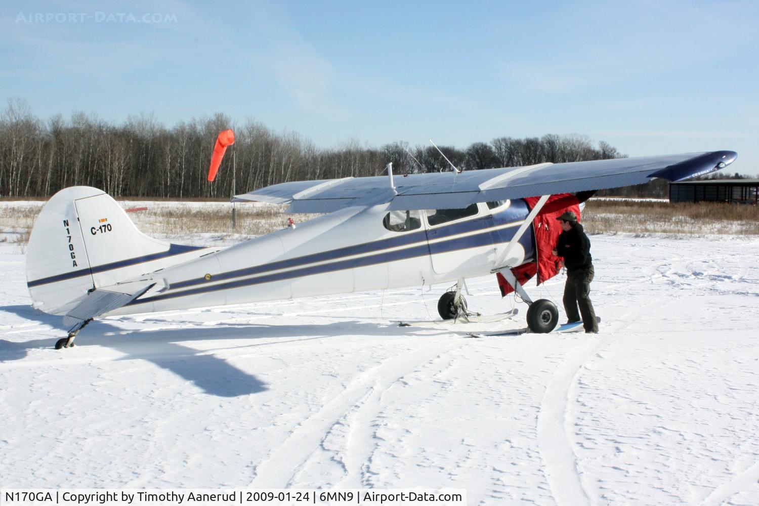 N170GA, 1951 Cessna 170A C/N 19948, Arriving at Benson's Airport on skis. 1951 Cessna 170A c/n 19948 